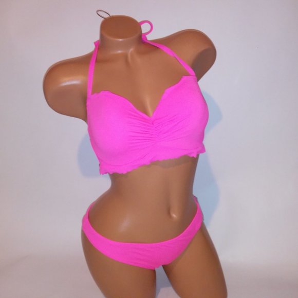 Victoria Secret Swim Bikini 36D Top Medium Bottom Solid Neon Pink Ruffle Trim - Picture 1 of 12